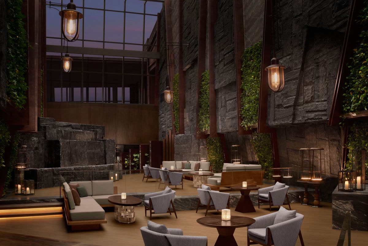 Flair lounge with stone walls and lantern light at The Ritz-Carlton, Harbin