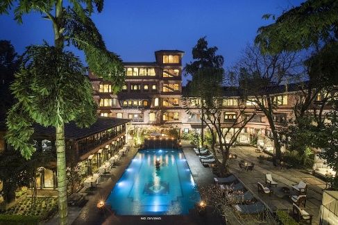 Courtyard pool at dusk, Dwarika's Hotel, Kathmandu