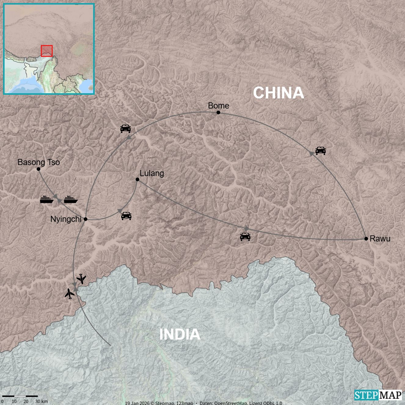 Route map showing Nyingchi, Basong Tso, Lulang, Bome and Rawu in eastern Tibet