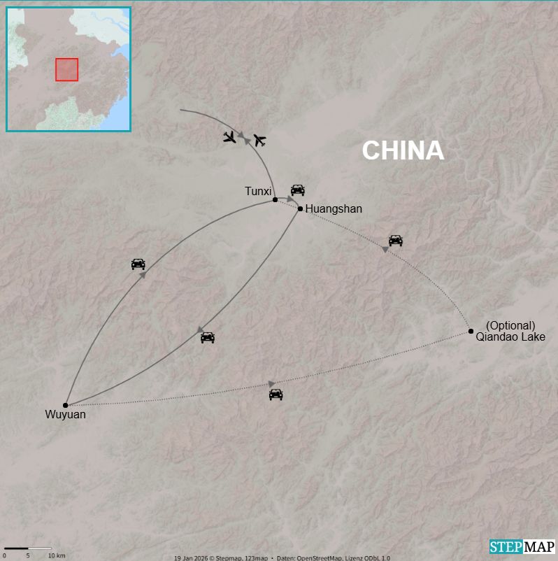 Route map of Tunxi, Huangshan and Wuyuan in Anhui