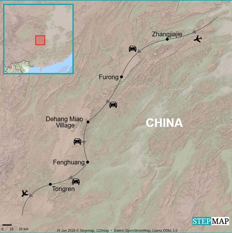 Route map from Zhangjiajie via Furong and Dehang Miao Village to Fenghuang