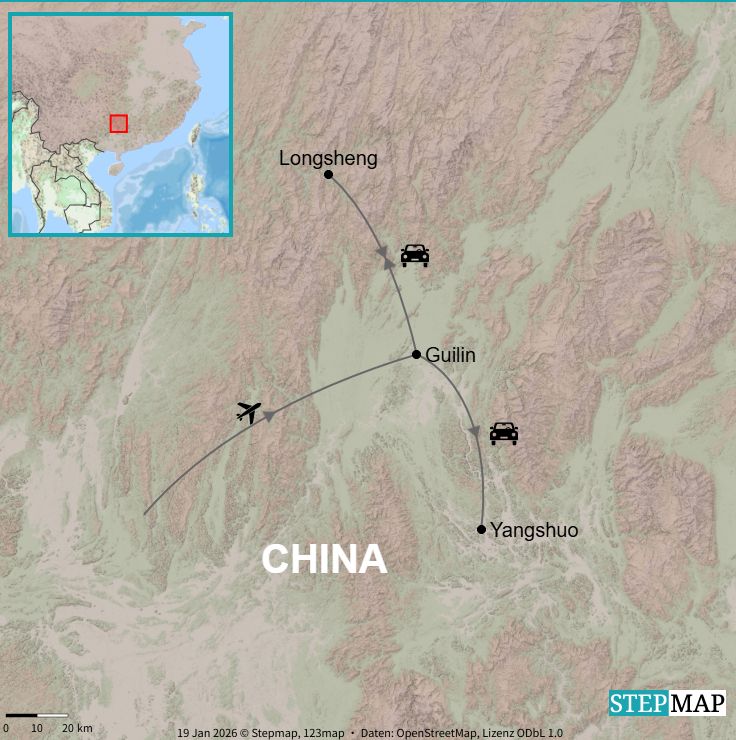 Route map showing Longsheng, Guilin and Yangshuo in southern China