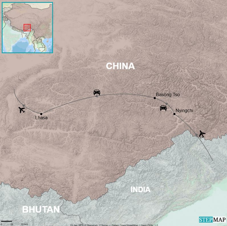 Route map showing Nyingchi, Basong Tso and Lhasa in Tibet