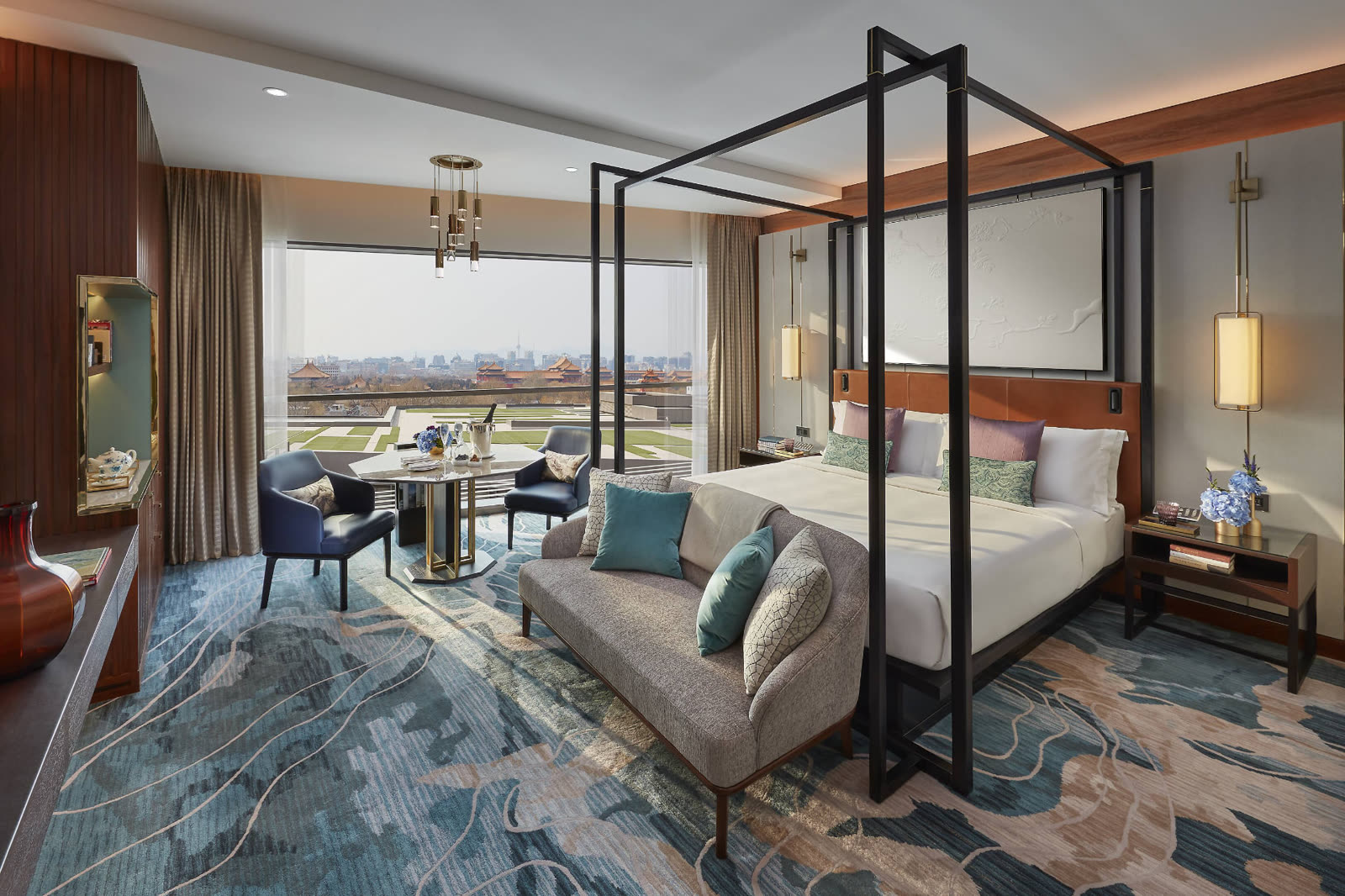 Mandarin Room with four-poster bed and Forbidden City view at Mandarin Oriental Wangfujing, Beijing