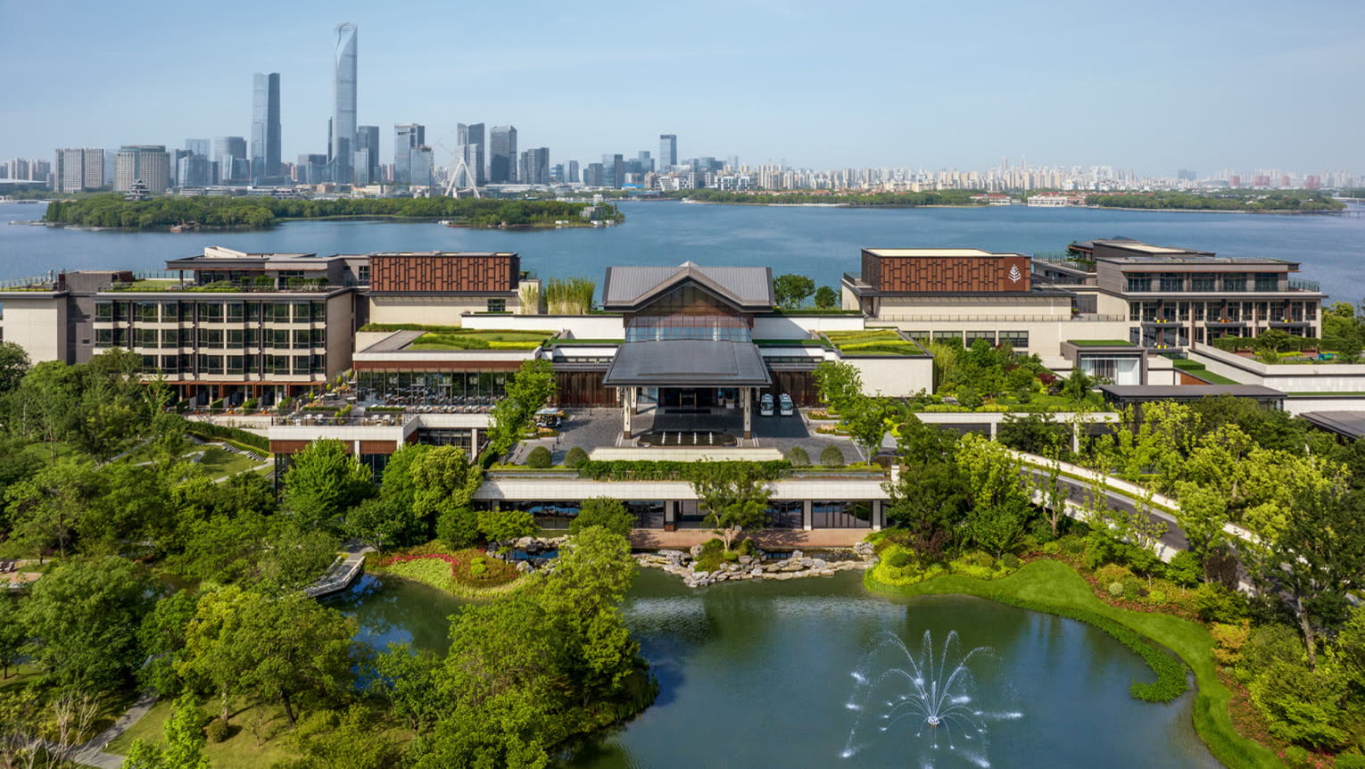 Aerial view of Four Seasons Hotel Suzhou on Jinji Lake