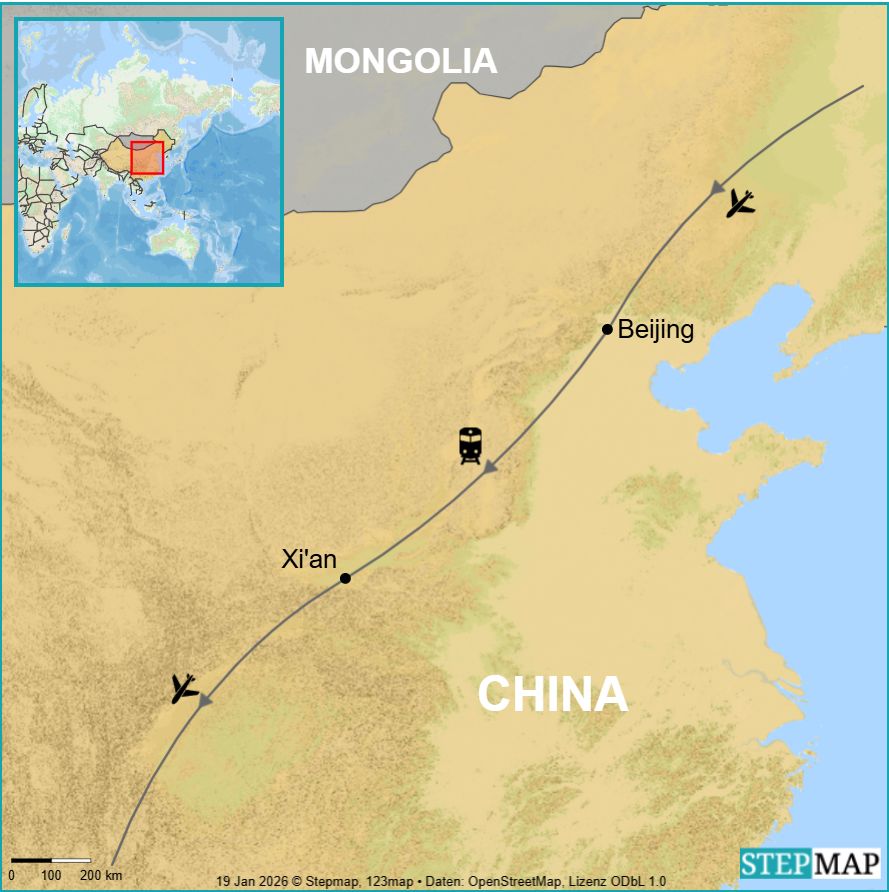 Route map showing the flight and high-speed train link between Beijing and Xi'an