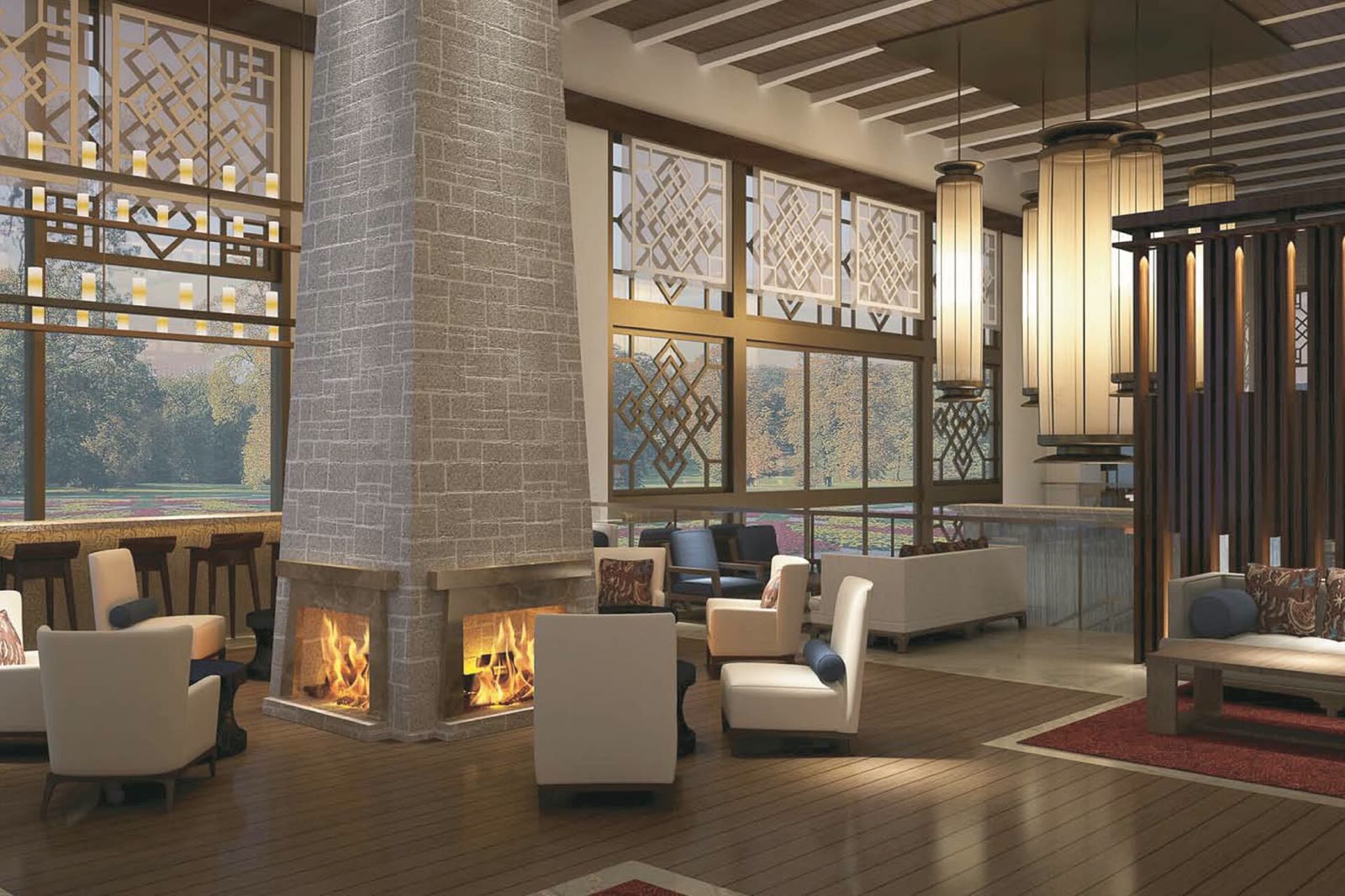 Lobby lounge with stone fireplace and lattice screens at Hilton Nyingchi Resort