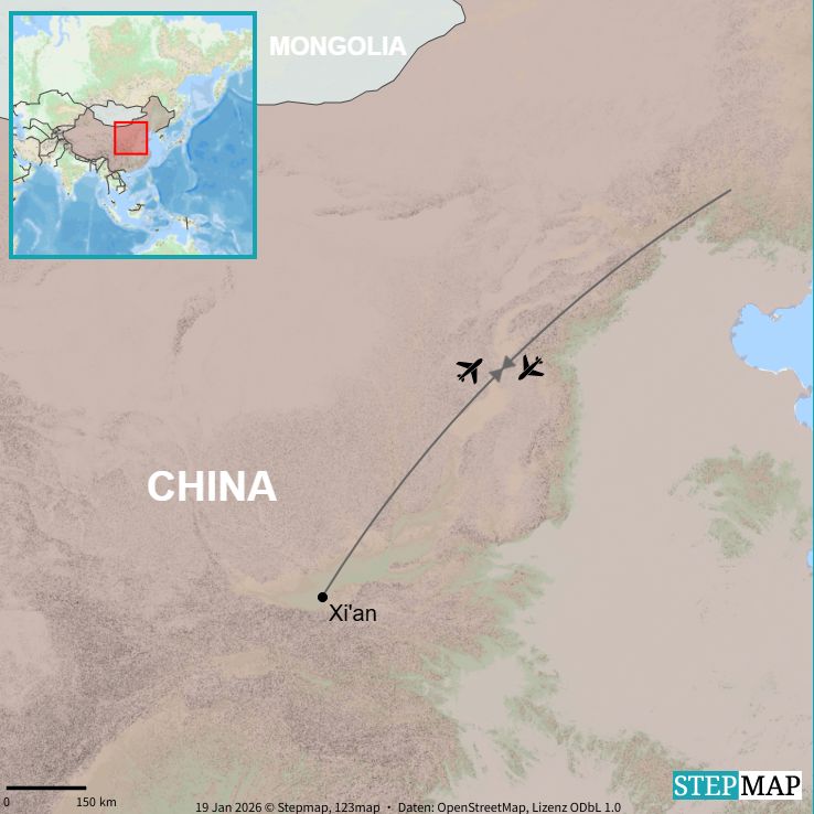 Route map showing the flight route from Beijing to Xi'an in central China