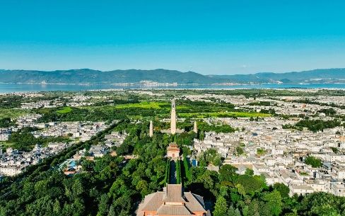 The Three Pagodas of Dali with Erhai Lake beyond